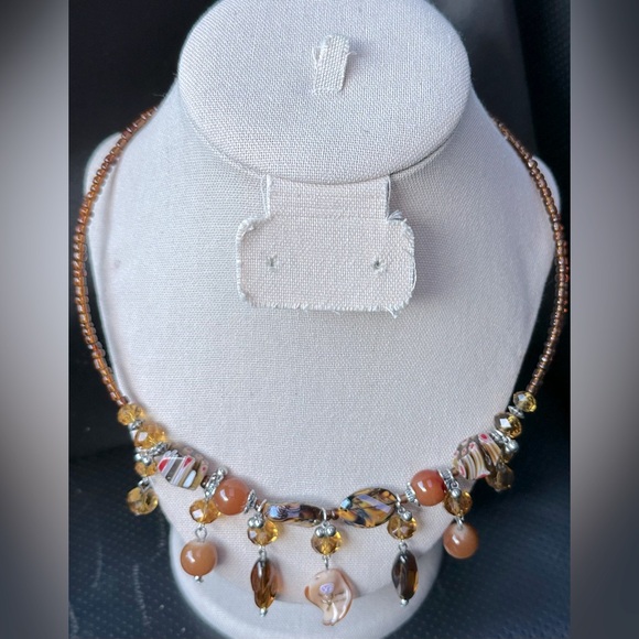 Artisan Jewelry - Artisan glass bead necklace with amber color seed beads adjustable silver chain
